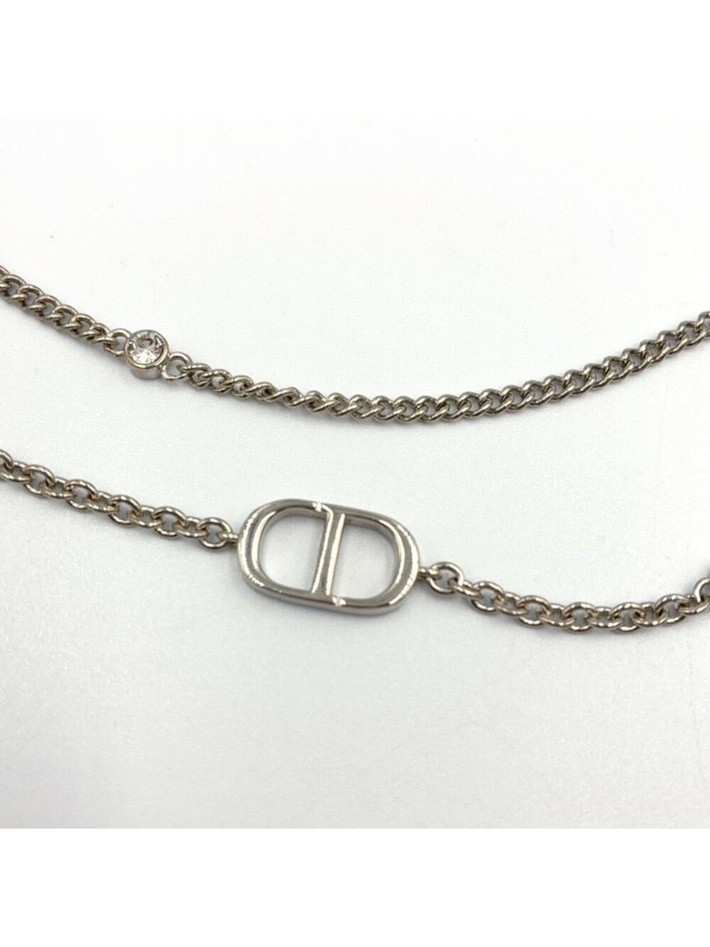 Dior Petit CD Double Metal Color Stone Clear Silver Necklace